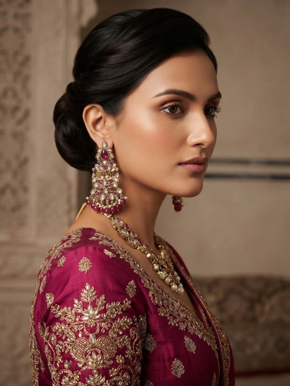 Elegant Gold and Magenta Kundan Earrings and Necklace Set - Women Jewelry